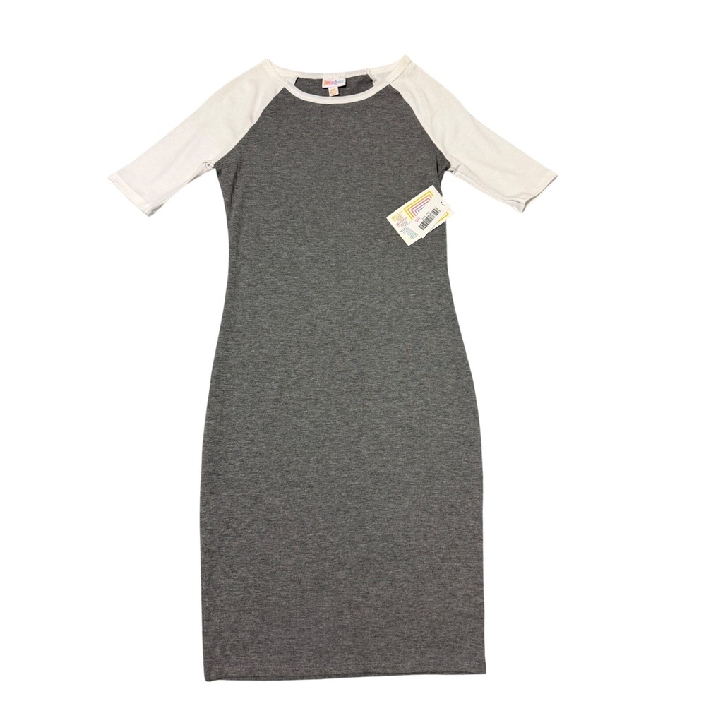 LuLaRoe Julia Dress Womens XXS Grey White Raglan Short Sleeve Sheath #155